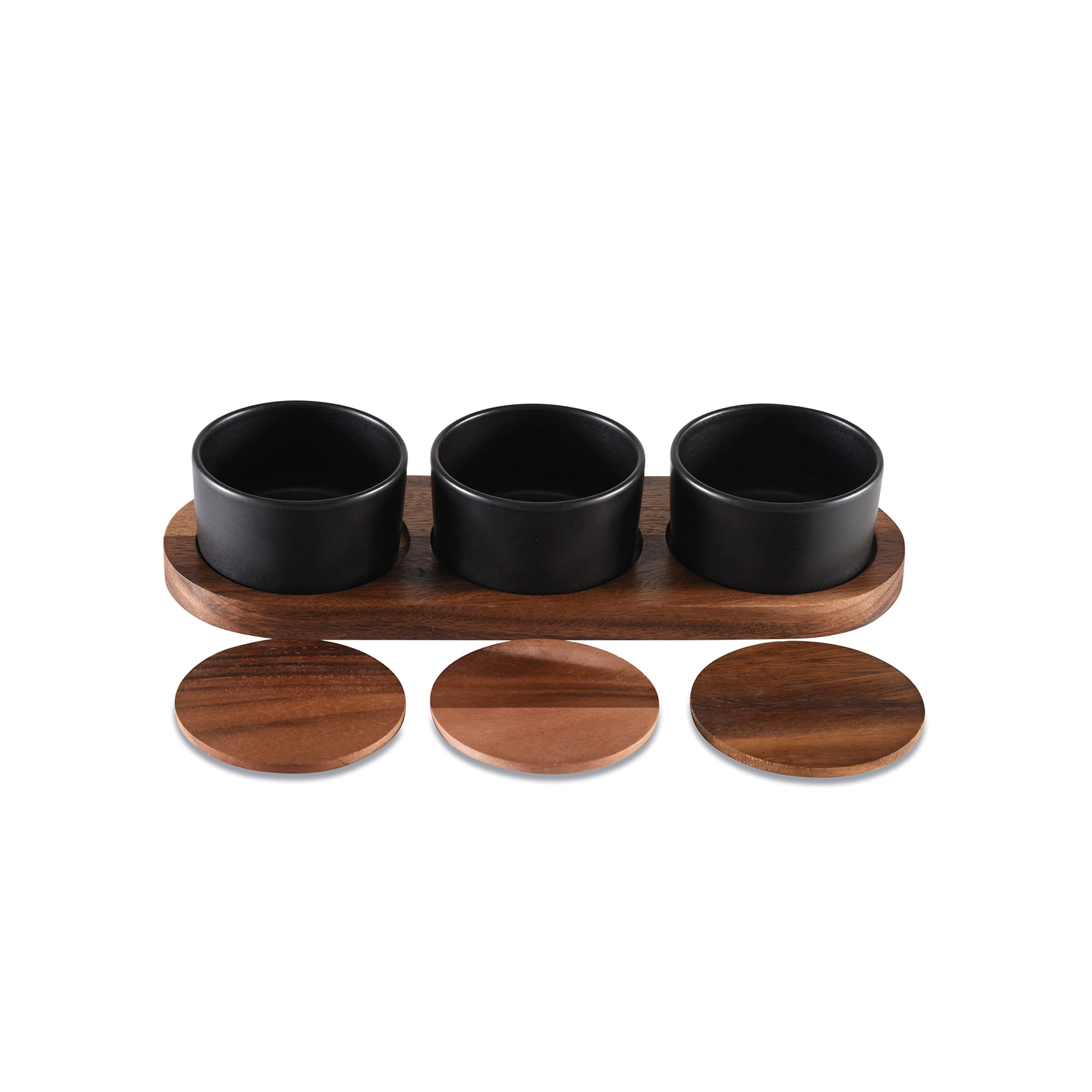 Set De Condimentos Kalmar Home De Cerámica Negra Sobre Madera De Acacia