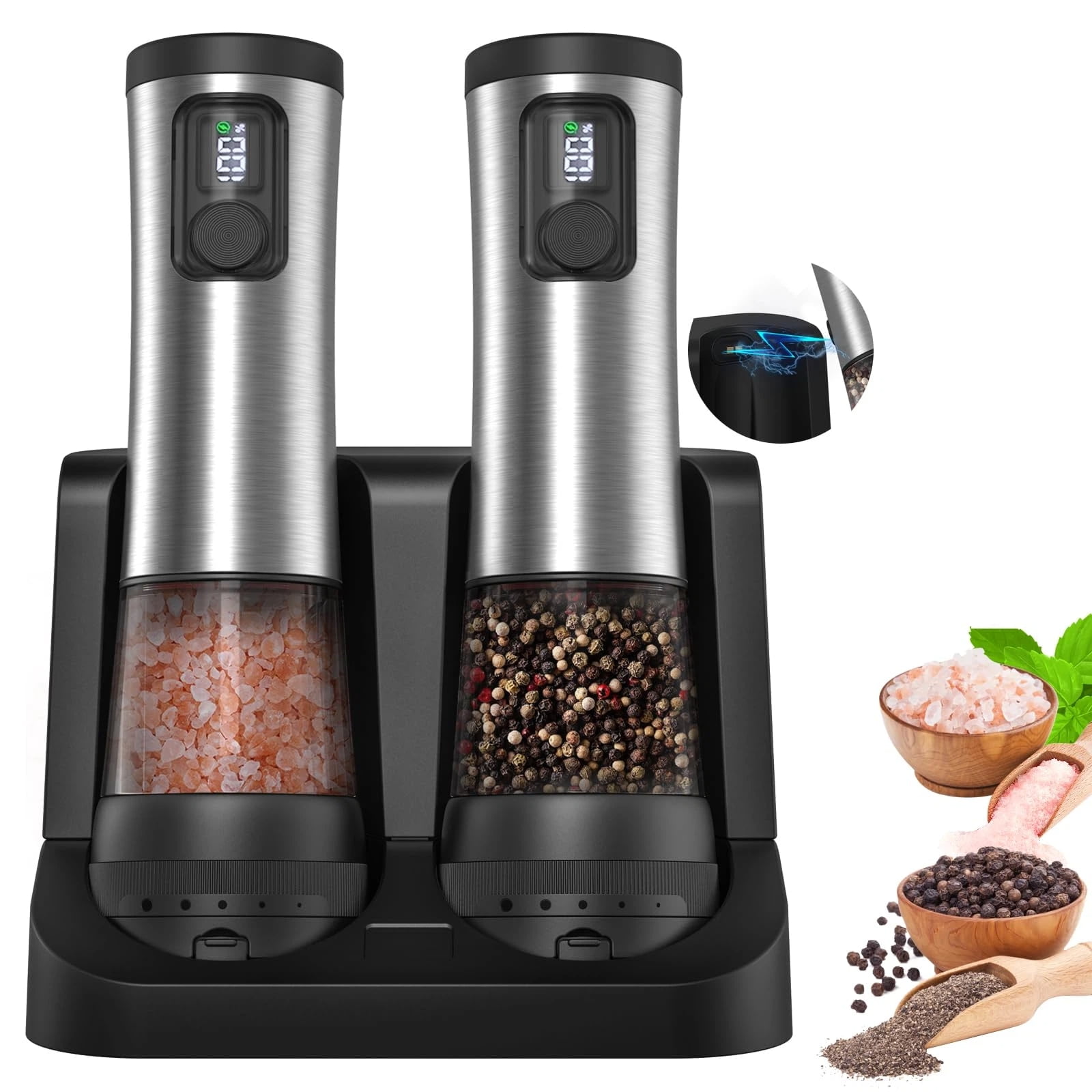 Xusx111 - Conjunto De Molienda Eléctrica De Sal Y Pimienta, Base Recargable De Pantalla De Batería, Molino Automático De Agitadores De Sal Y Pimienta De Acero Inoxidable