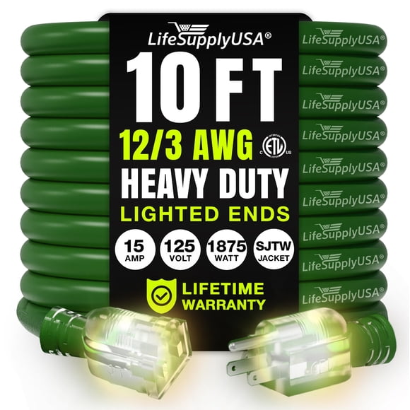 Cable de extensión LifeSupplyUSA, 10 pies, calibre 12/3, 3 puntas, verde