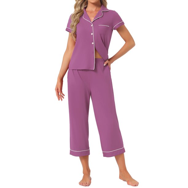 INSPIRE CHIC Conjunto de Pijama de Manga Corta para Mujer con Botones para Lactancia con Pantalones Capri y Bolsillos XL Gris Púrpura