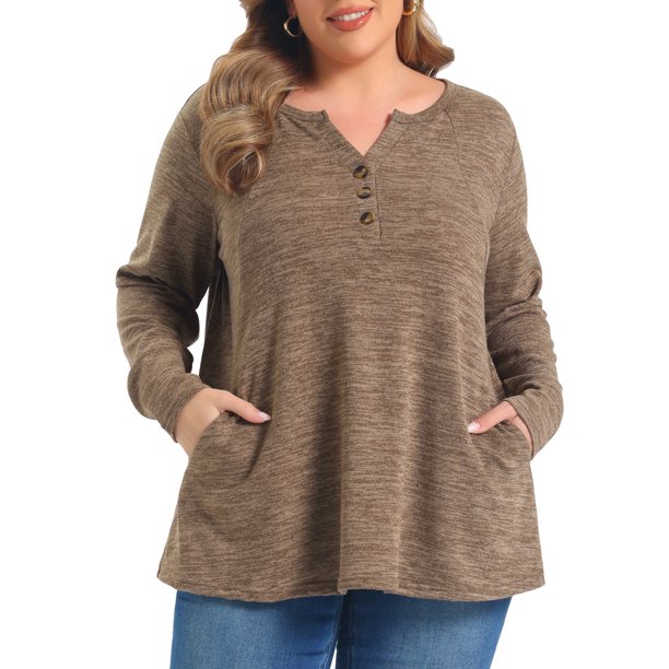 GRACE & GRANDEUR Blusas Casuales Sueltas de Manga Larga con Cuello en V, Bolsillo y Botones Decorativos para Mujer Talla Grande 3X Marrón