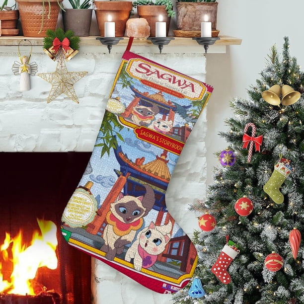 Sagwa la Gatita Siamesa China Tema: Calcetines de Navidad, fino lino blanco para colgar en escaleras y chimenea, decoración navideña para el hogar, regalo de Navidad.54cm×38cm