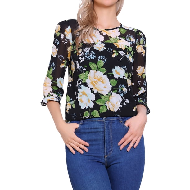 INSPIRE CHIC Camisas de Mujer de Manga 3/4 Blusas de Gasa Floral Negro-Verde Floral XL