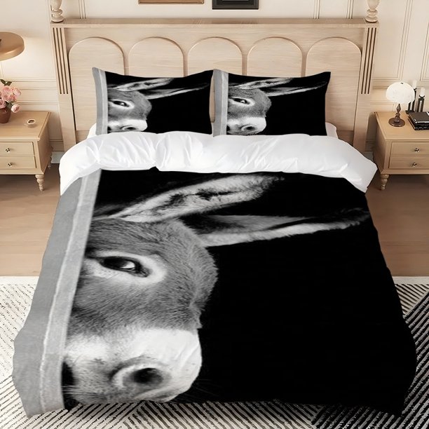 Donkey Peeking Out Head Themed Print Polyester Bedding Set All-Season Use