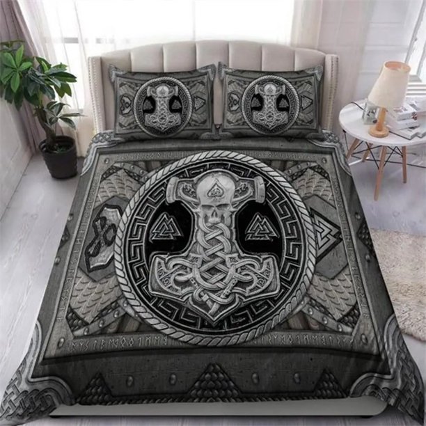 Viking Vintage Duvet Cover Norse Myth Bedding Set Medieval Folklore Totem Quilt Cover Grey Polyester Comforter Cover