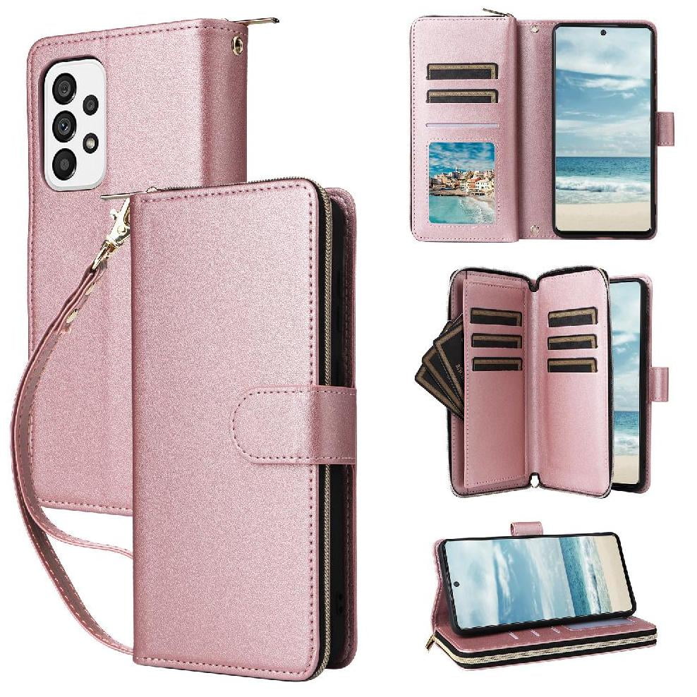 Foxdock - Funda Cartera Con Cremallera Y Correa Para Samsung Galaxy A73 5g Soporte Y Tarjetero Oro Rosa