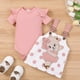 thumbnail image 1 of Cute & Stylish Baby Girls Outfit - Flutter Sleeve Onesie Romper & Polka Dot Bear Embroidery Suspender Dress Set, 1 of 5