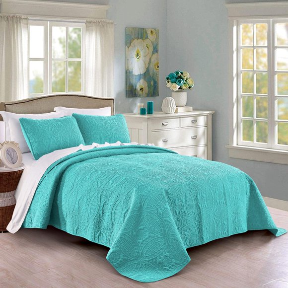Juego de colcha Pure Bedding King/Cal King Aqua de microfibra, 3 piezas