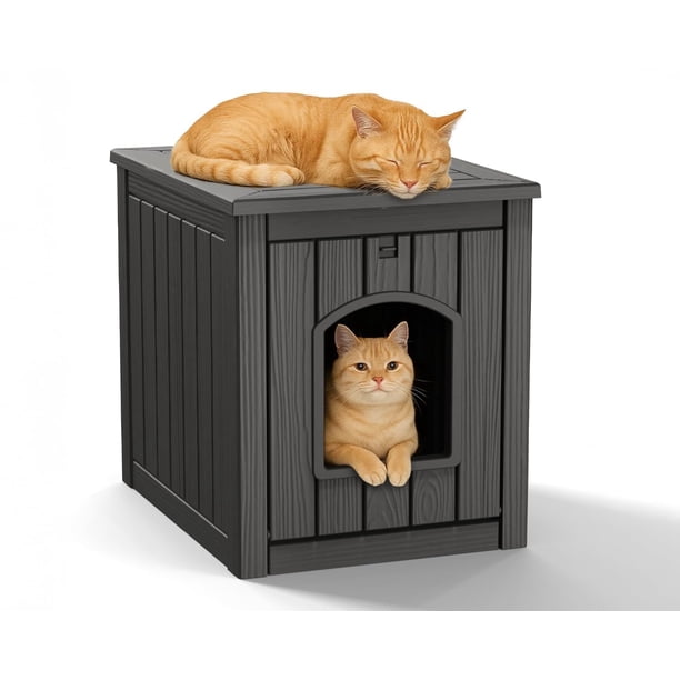 Outdoor Cat House DRATO de resina resistente a la intemperie para gatos, color negro