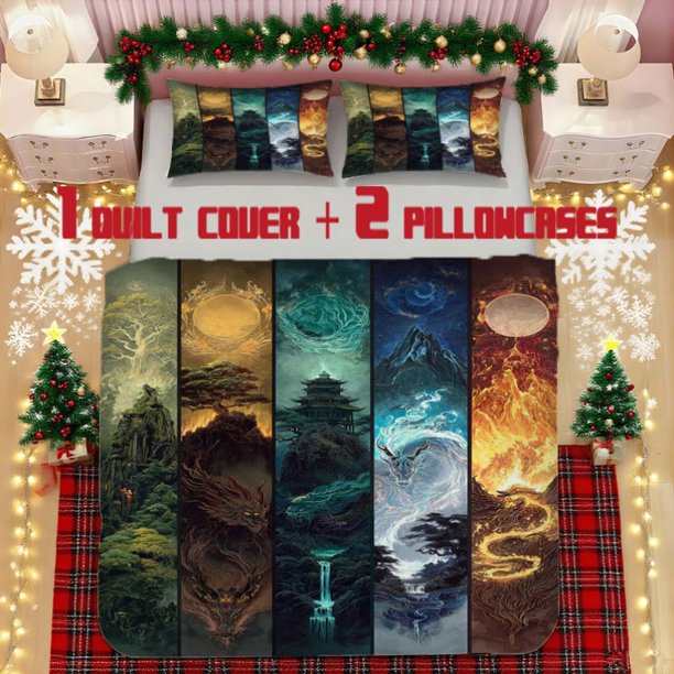 Oriental Mythology Printed Bedding Set Polyester Fabric Digital Print Zipper Closure