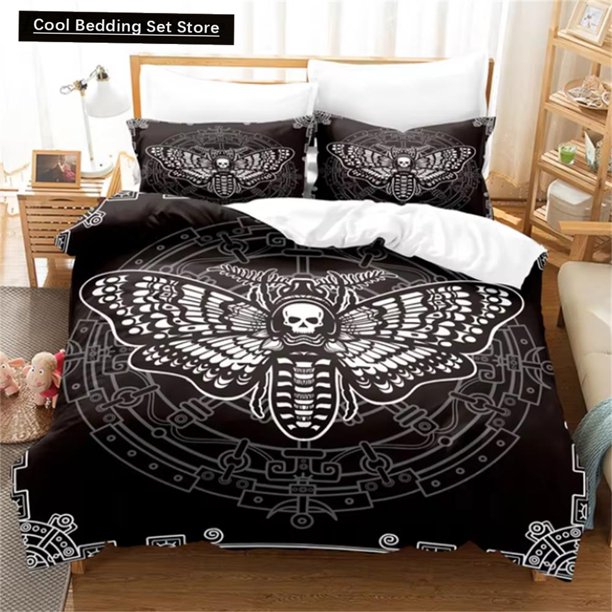 x878 Bed SheetsDeath Moth Black Bedding Set, Gothic Bedding Set, Skull and Butterfly Cover, Luxury Home Bedding, pcs, pcs 3-Piece Bedding Set (1 Duvet Cover + 2 Pillow Shams) nj878