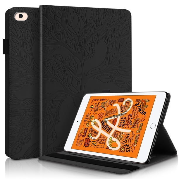 Funda con relieve del Árbol de la Vida para tablet ipad mini 1/2/3/4/5 con soporte, ranuras para tarjetas y soporte para lápiz óptico. Negro