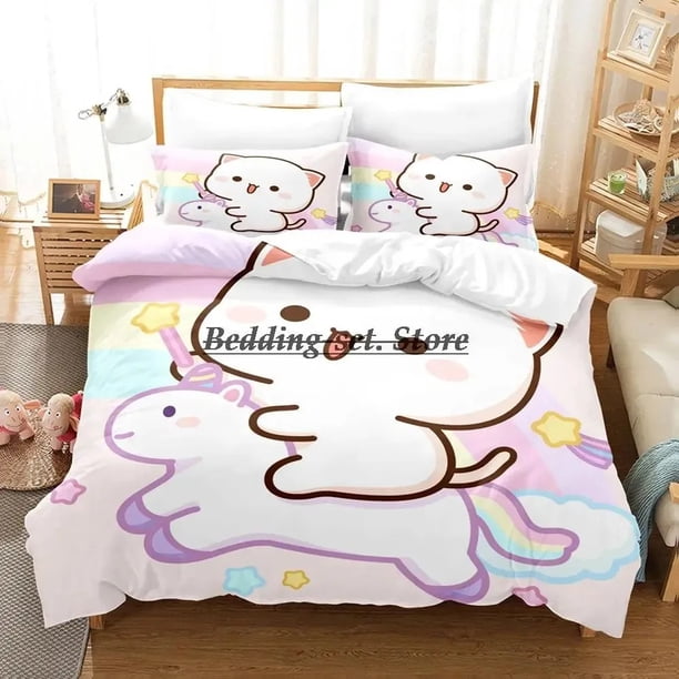 Lovely Peach Cat Bedding Set Cartoon Comforter Sets Double Queen King Twin Full Size Duvet Cover Set Kids Girls White Bed LinenBed Sheets