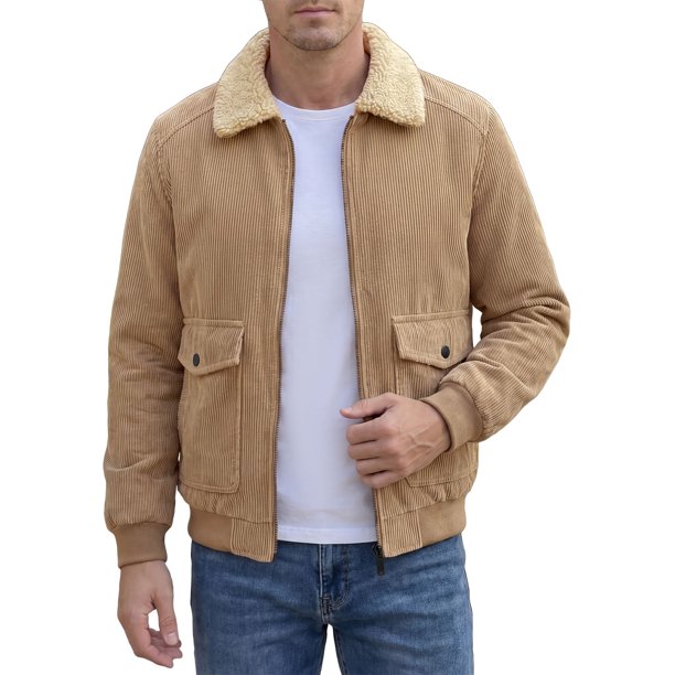 INSPIRE CHIC Abrigo de Invierno para Hombre con Cremallera, Bolsillos Laterales, Forro de Felpa Engrosado, Chaqueta de Pana S Caqui
