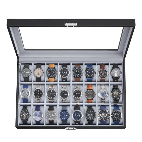 Watch Box SONGMICS con cierre de 24 ranuras y tapa de cristal, color negro
