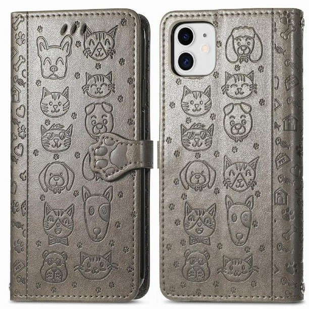 Funda Cartera FOXDOCK para iPhone 12 Mini , Flip PU con Relieve de Gatos y Perros, Tarjetero y Soporte