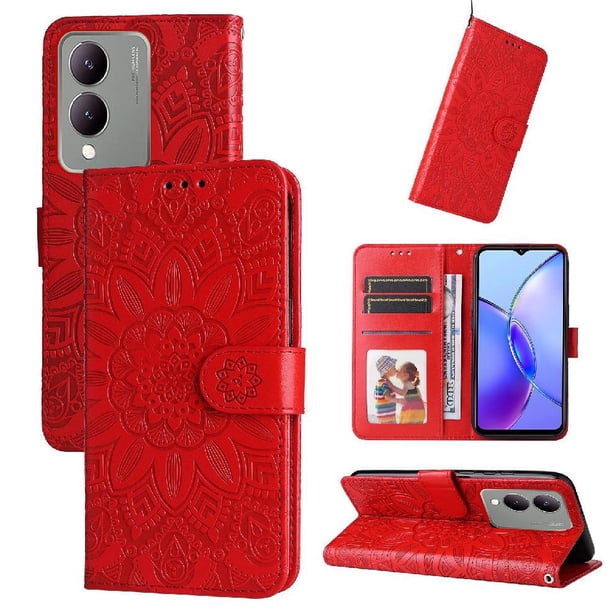 Funda tipo cartera FOXDOCK para Vivo Y17s , diseño girasol en relieve, cuero PU, cierre magnético, soporte y tarjetero