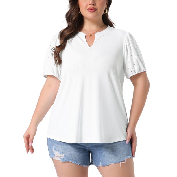 Agnes Orinda Blusa Casual de Verano 2026 para Mujer de Talla Grande con Cuello en V, Bordado de Ojales, Mangas Abullonadas y Textura, Talla 1X, Blanca