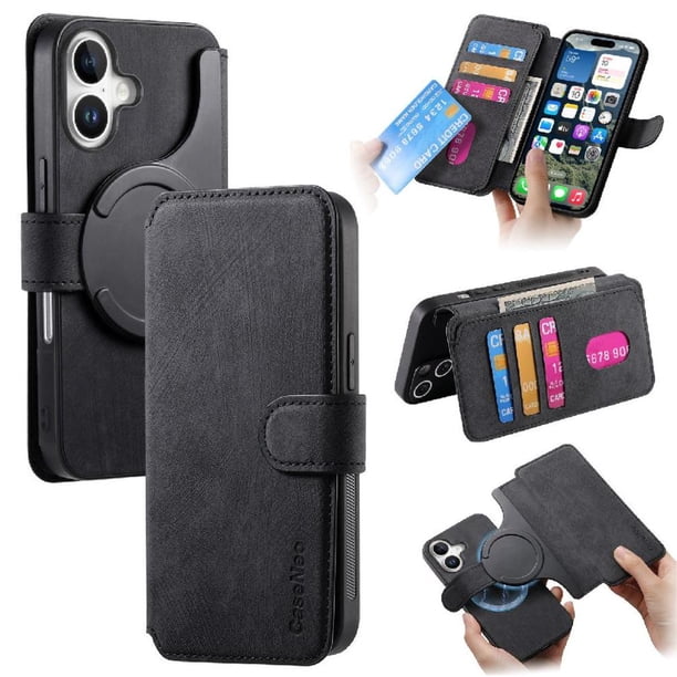Funda Billetera Magnética para iPhone 16 Soporte Tarjetas Desmontable Negro