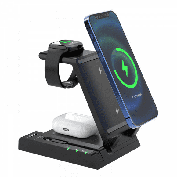 Base de carga inalámbrica rápida 6 en 1 de 50 W para iPhone 12/11/Pro/XS/MAX/XR/X/8 Apple Watch SE/6/5/4/3 AirPods Pro compatibles con Qi-Negro