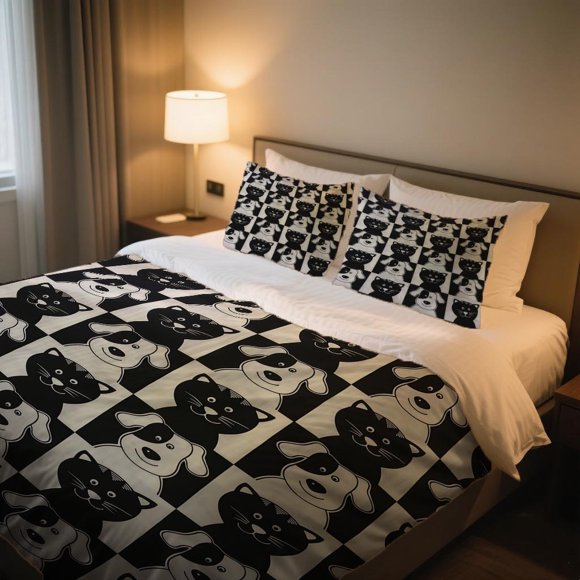 Cat Dog Checkerboard Duvet Cover Set Vintage Digital Print Bedding Set Soft and Light BeigeFriendly
