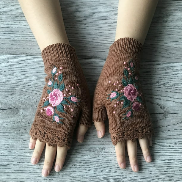 Flower Embroidery Gloves - Handmade Knit Fingerless Gloves for Women