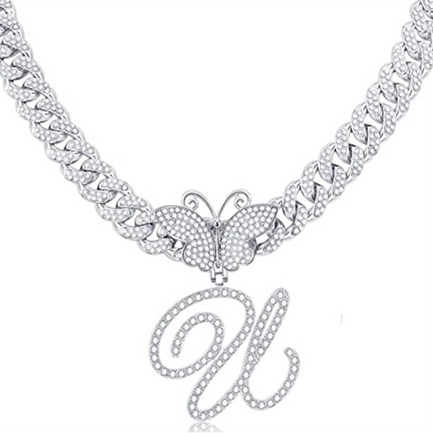 Stylish Hip Hop Cuban Butterfly Necklace with White Letter Initials