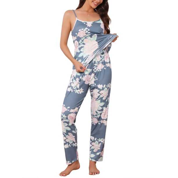 INSPIRE CHIC Conjunto de Pijama para Mujer 3 Piezas Top de Tirantes Pantalones de Pierna Ancha Bata de Manga Larga Talla 2XL Gris Azul