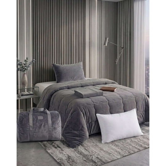Imac Hogar - Juego De Dormitorio Premium Velvet Cubrecama Sábana Bajera Almohada Y Bolso Plaza Y Media 180x230 Cm