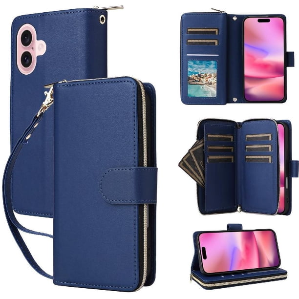Funda Cartera con Cremallera y Correa para iPhone 16 Soporte y Tarjetero Azul