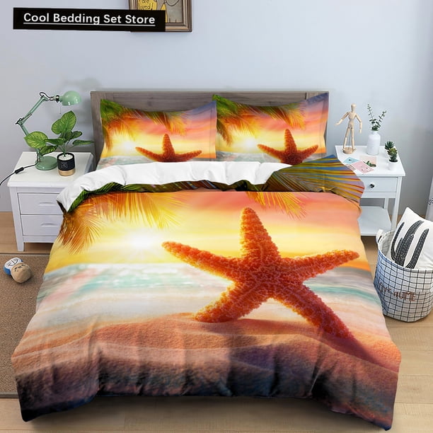 Blue Ocean King Queen Duvet Cover Cartoon Starfish Shell Bedding Set for Kid Teens Adults Sea Beach 2/3pcs Polyester Quilt Cover