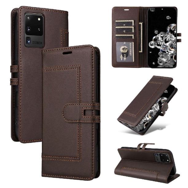 Premium Wallet Case for Samsung Galaxy S20 Ultra with Card Slots & Kickstand, Flip Cover Brown