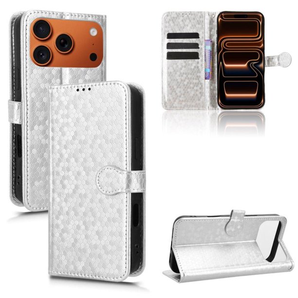 Funda Cartera Lunares iPhone 17 Pro Max con Tarjetero, Correa y Soporte Plata