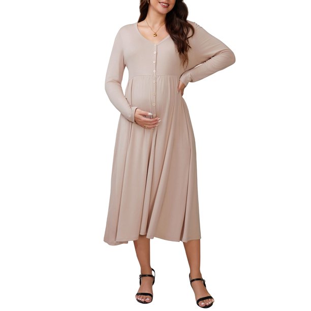 INSPIRE CHIC Vestidos de maternidad para mujeres, botón plisado, tejido de punto, manga larga, sesión de fotos, vestido maxi de embarazo, 2XL, caqui