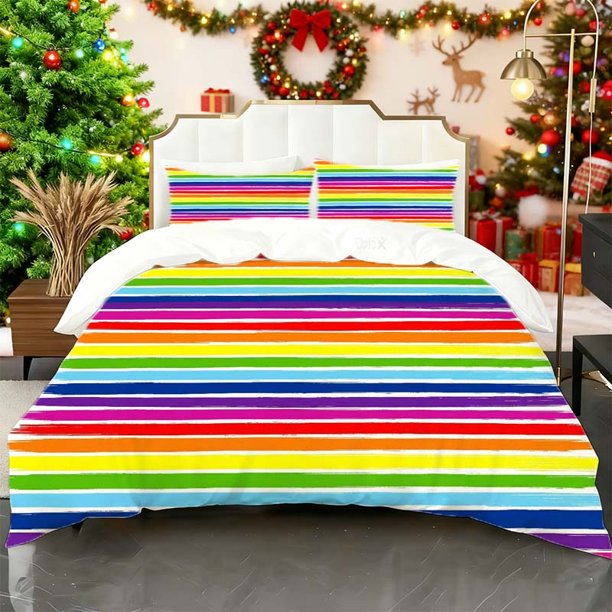 Set with Rainbow Stripe Pattern Printed Duvet Cover Set Themed Bedding Includes Duvet Cover and Pillowcase Set Soft and Comfortable Suitable for All Seasons Ide
