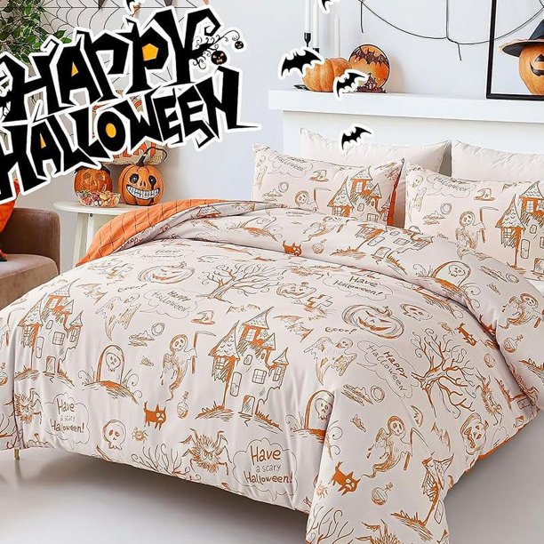 Hallo-ween-Duv-et Co-ver Se- Queen P-umpkin Bat Ora-nge Be-dding -Duvet Cover- Set 3 Pie-ces Ha-lloween Duvet Cover with 2 P-illcases-es Funny Halloween- Comfor-ter Cov-er Set for Kids Teens 90 x 90""