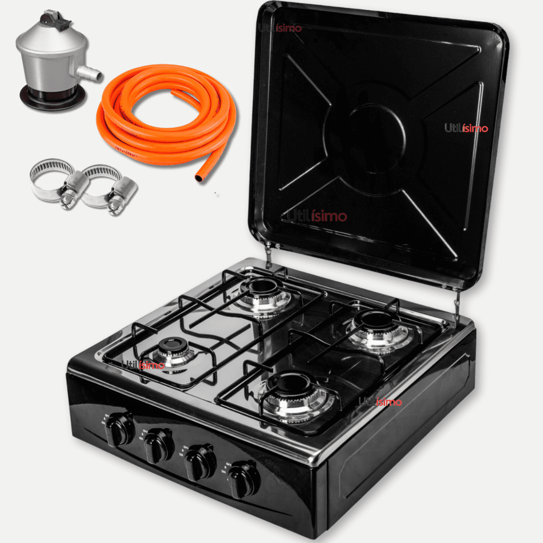 Line - Cocina Encimera A Gas Licuado 4 Platos Premium Negro+ Kit De Instalación