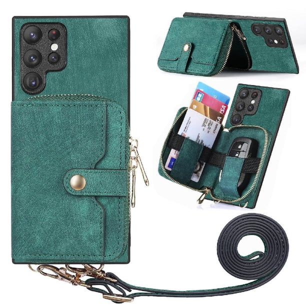 Funda Tipo Cartera con Correa Cruzada para Samsung Galaxy S22 Ultra Protección Contra Golpes Verde