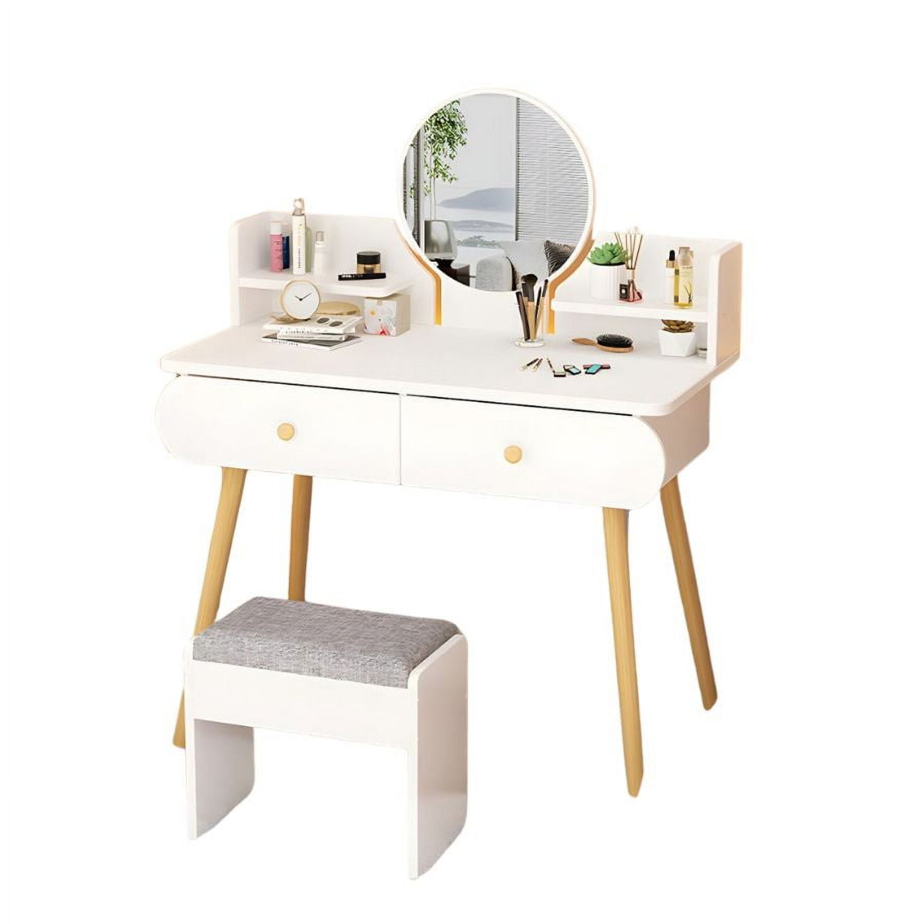 Click Ventas - Mesa De Noche Tocador De Madera 2 Cajones Espejo Led Y Banco