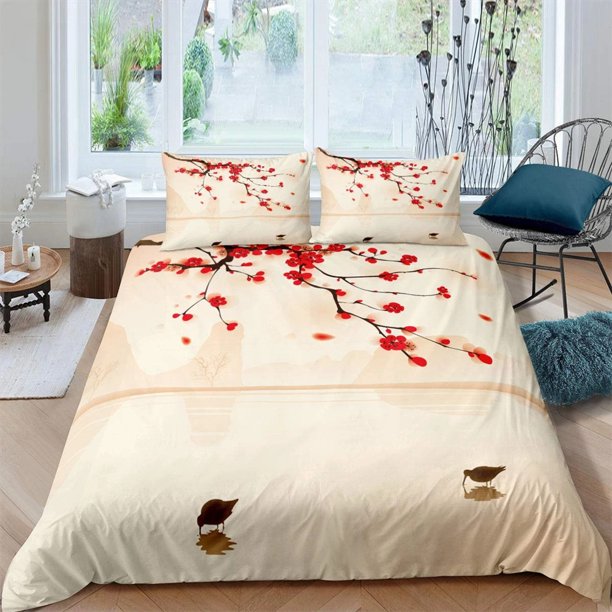 x2153 Bed SheetsPlum Blossom Duvet Cover Set Red Flower Floral Comforter Cover For Girls Teens Microfiber Butterfly Branches Printed Bedding Set 3-Piece Bedding Set (1 Duvet Cover + 2 Pillow Shams) nj