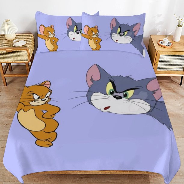Tom And Jerry Cartoon Bedding Sets Ultra Soft Skin-Friendly Duvet Cover 3 Piece, Cute Comforter Cover Bed Set for Boys Girls Kids