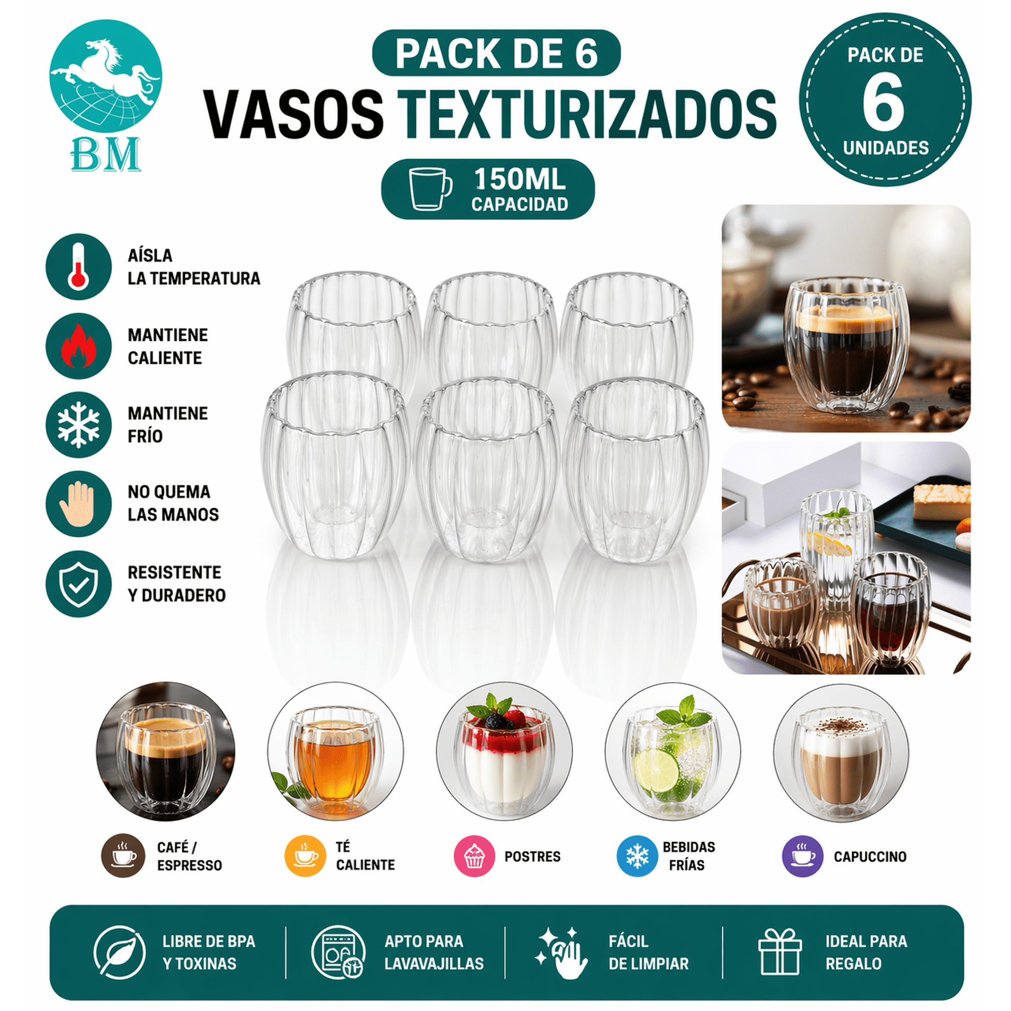 Baima - Pack 6 Vasos Premium Textura Doble Vidrio 150ml | Café Y Bebidas Frías