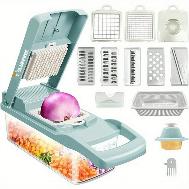 14pcs/Set, Vegetable Chopper, Multifunctional Fruit Slicer, Manual Food Grater, Vegetable Slicer, Cutter With Container, Onion Mincer Chopper, Household Potato Shredder, Kitchen Stuff, Kitchen Gadget