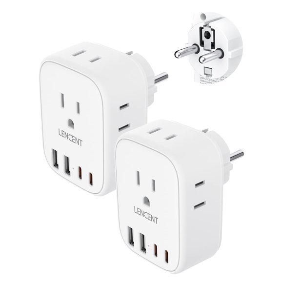 LENCENT Adaptador de Corriente de Viaje 2 Unidades Tipo E/F con 4 Puertos USB