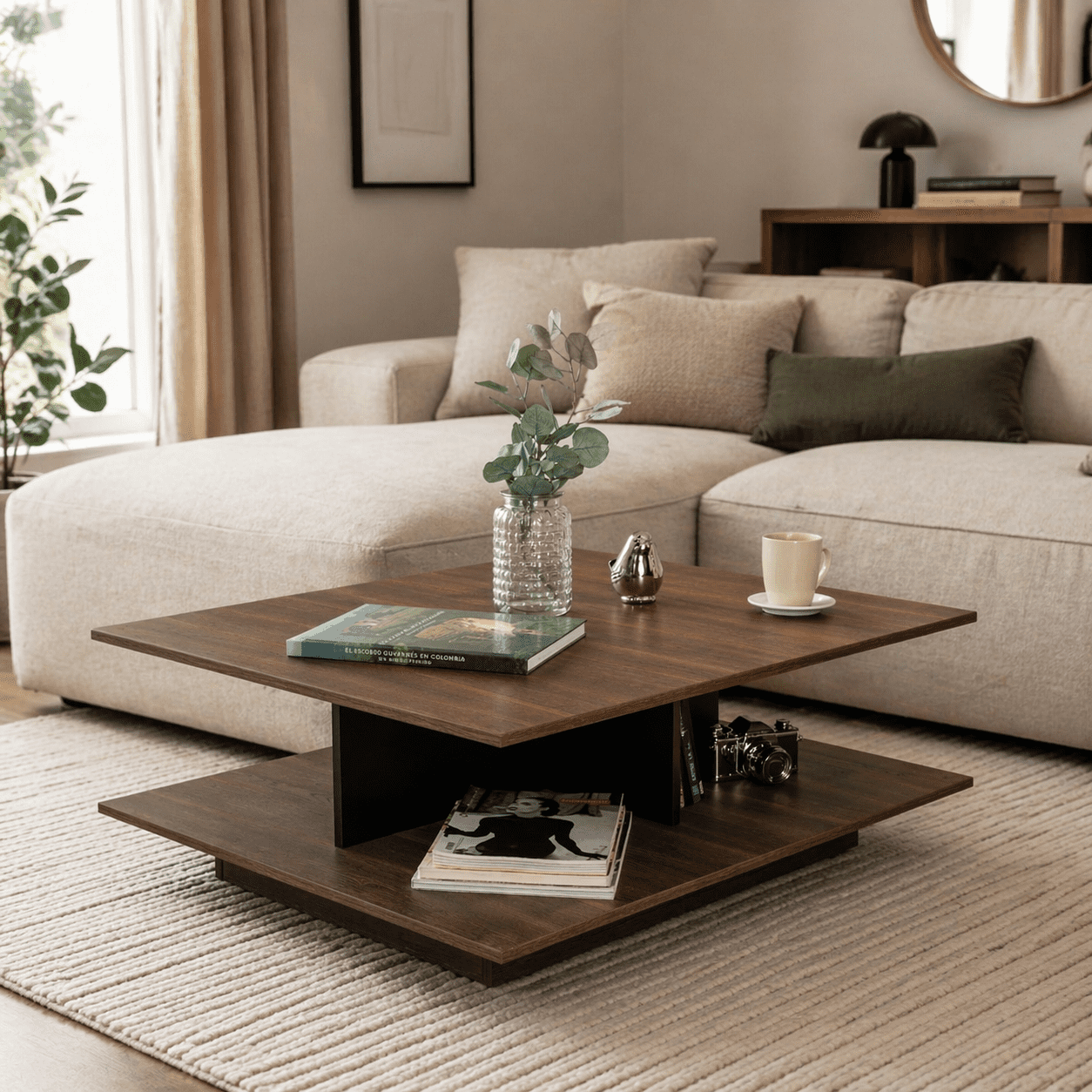 Tuhome - Mesa De Centro Bengali 37x80x100 Cm Coñac Y Wengue 2 Niveles