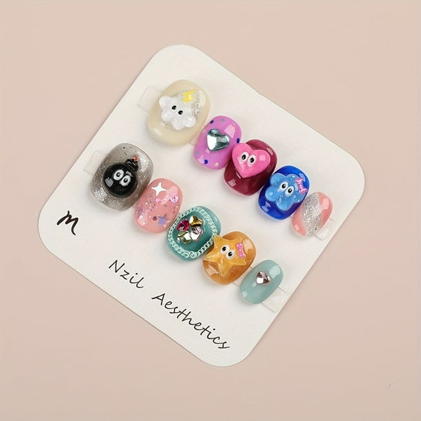 10pcs Sweet and Cool Candy Press On Nails - Handmade Jelly Heart Flower Design - Glossy Short Oval False Nails for Women and Girls