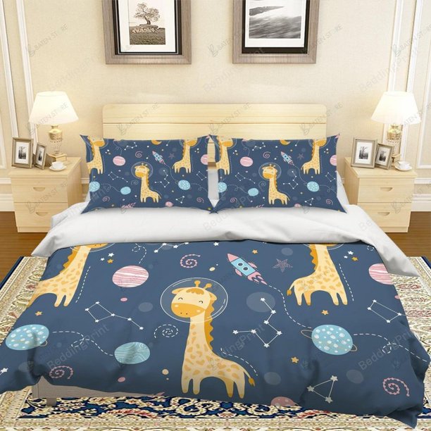 Cartoon Giraffe Rocket Great Gifts For Birthday Quilt Duvet Cover Set3-Piece Bedding Set