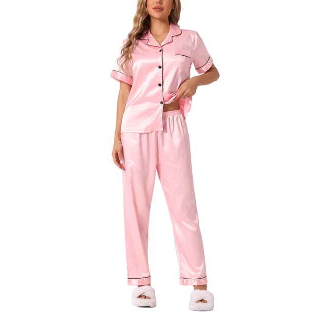 INSPIRE CHIC Conjunto de Pijama de Satén para Mujer de Manga Corta con Botones, Detalle de Ribete y Cintura Elástica, Conjunto de Descanso M Rosa