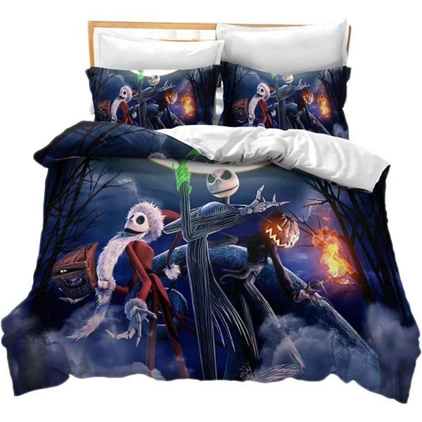 Nightmare Before Christmas Duvet Cover Sets Jack and Sally Valentine's Day Rose Decor 100% Microfibe Bedding Set with Pillow Shams