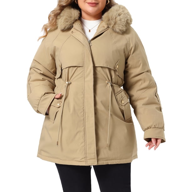Abrigos de Trinchera para Mujer Talla Grande de Agnes Orinda con Cintura de Cordón, Cremallera, Rompevientos para Lluvia, Capucha Desmontable, Chaquetas de Invierno con Bolsillo 1X Caqui